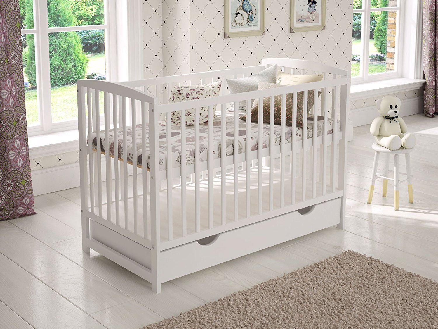 White Wooden Baby Cot with Drawer 120x60cm 