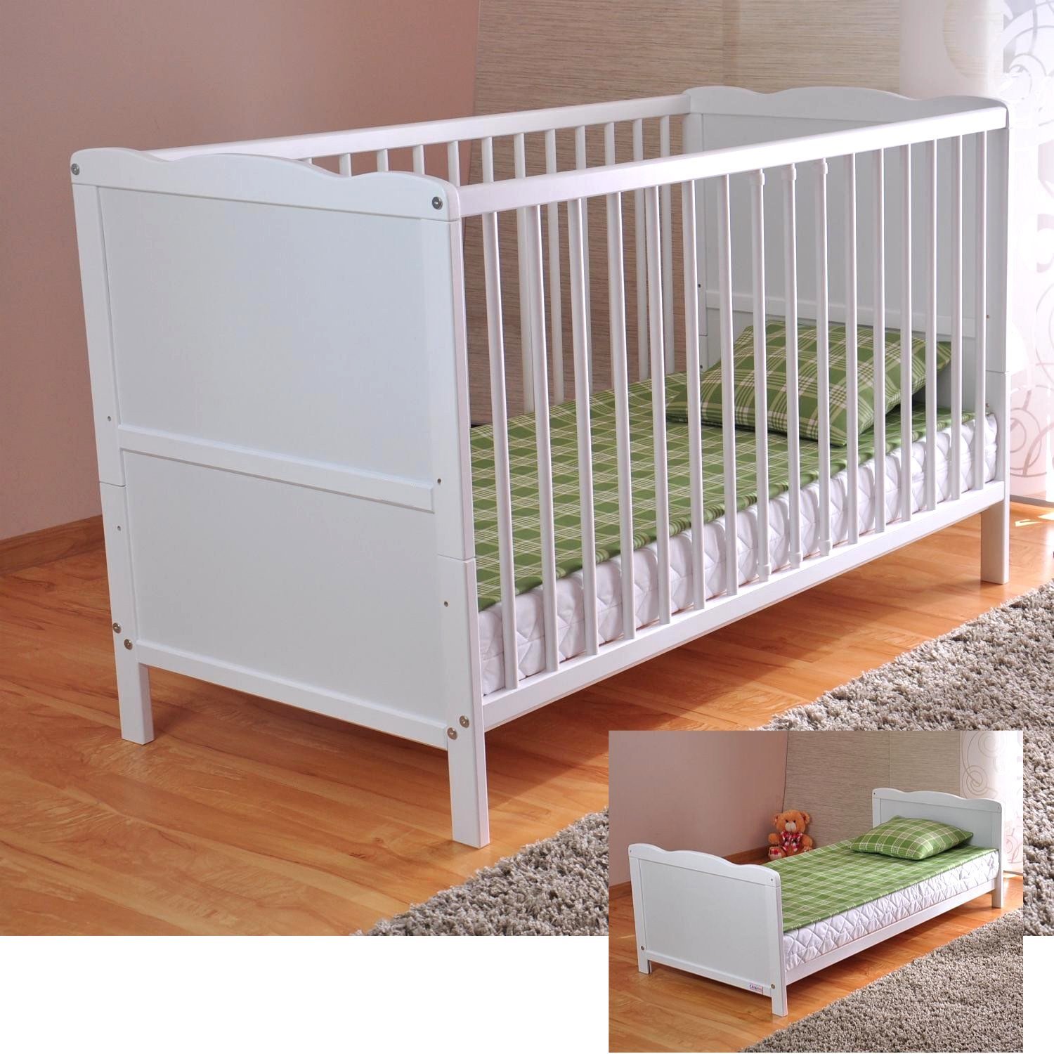 White Solid Wood Baby Cot Bed & Deluxe Foam Mattress